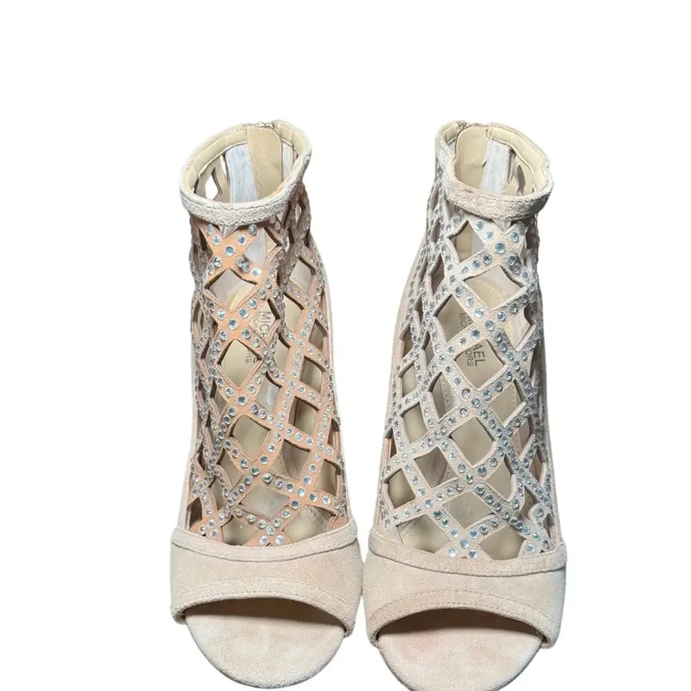 MICHAEL Michael Kors Yvonne Open-Toe Booties Khaki Suede Size 7M
